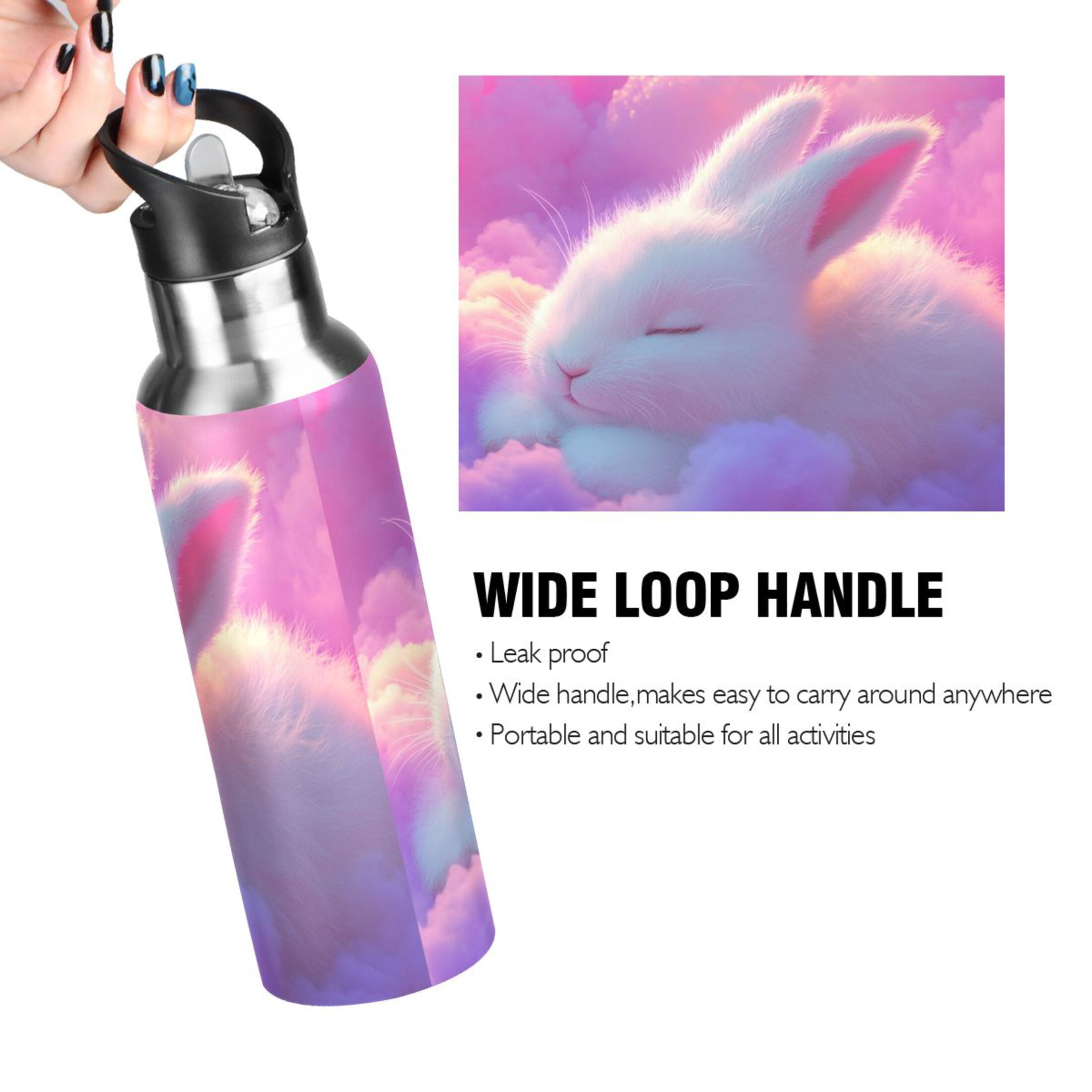 Cute Rabbit Sleeping on Dreamy Clouds Sports Bottle with Straw Stainless Steel Water Jug Portable Thermal Cup Leak-proof 1000ML