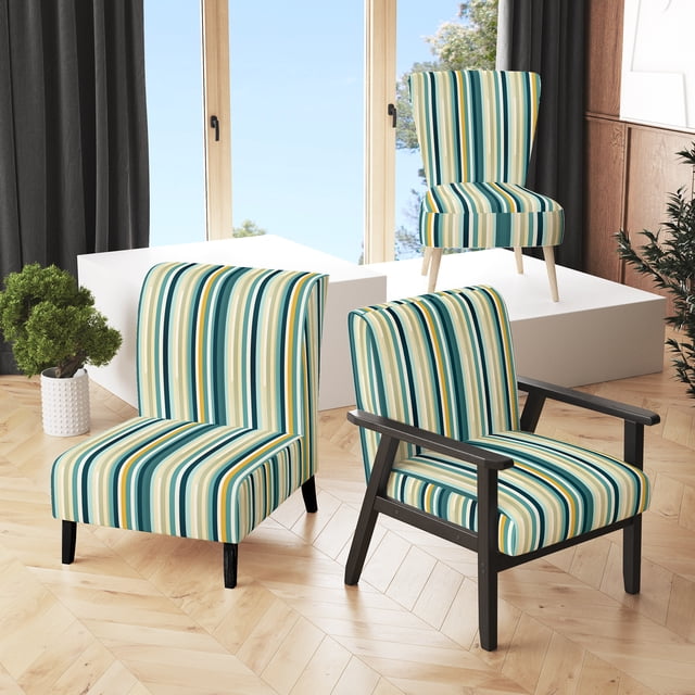 Designart "Striped Pattern With Jungle Green And Yellow Tones II" Green Striped Upholstered Accent Chair - Modern Arm Chair For Bedroom