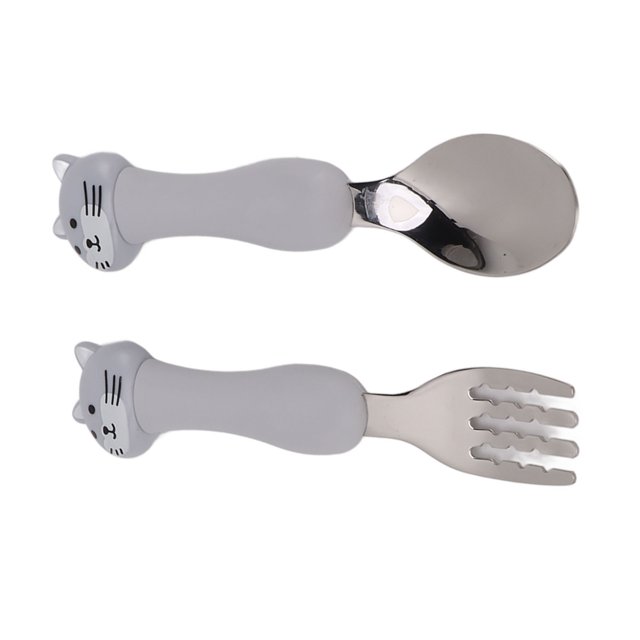 Baby Fork Spoon Stainless Steel Cartoon Pp Stainless Steel Forking Cute Tableware Kitchen Animals Cooking Tableware for Kid Children , Silver Baby Spoons