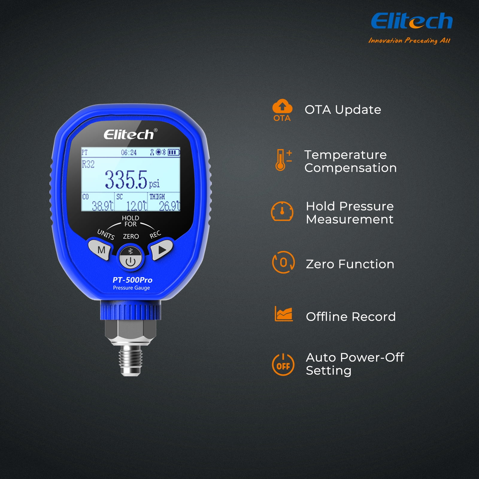 Elitech PT-500Pro Digital Pressure Gauge – HVAC Refrigeration Manifold Gauge with Bluetooth, Temperature Measurement, and Data Logging