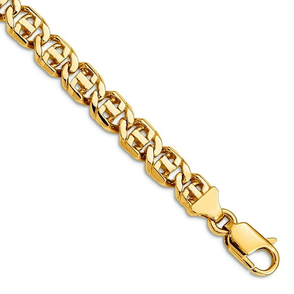 14k Yellow Gold Solid 7mm Hand Polished Fancy Link Chain Bracelet 8 Inch Lobster Claw Link Bracelet for Women and Men