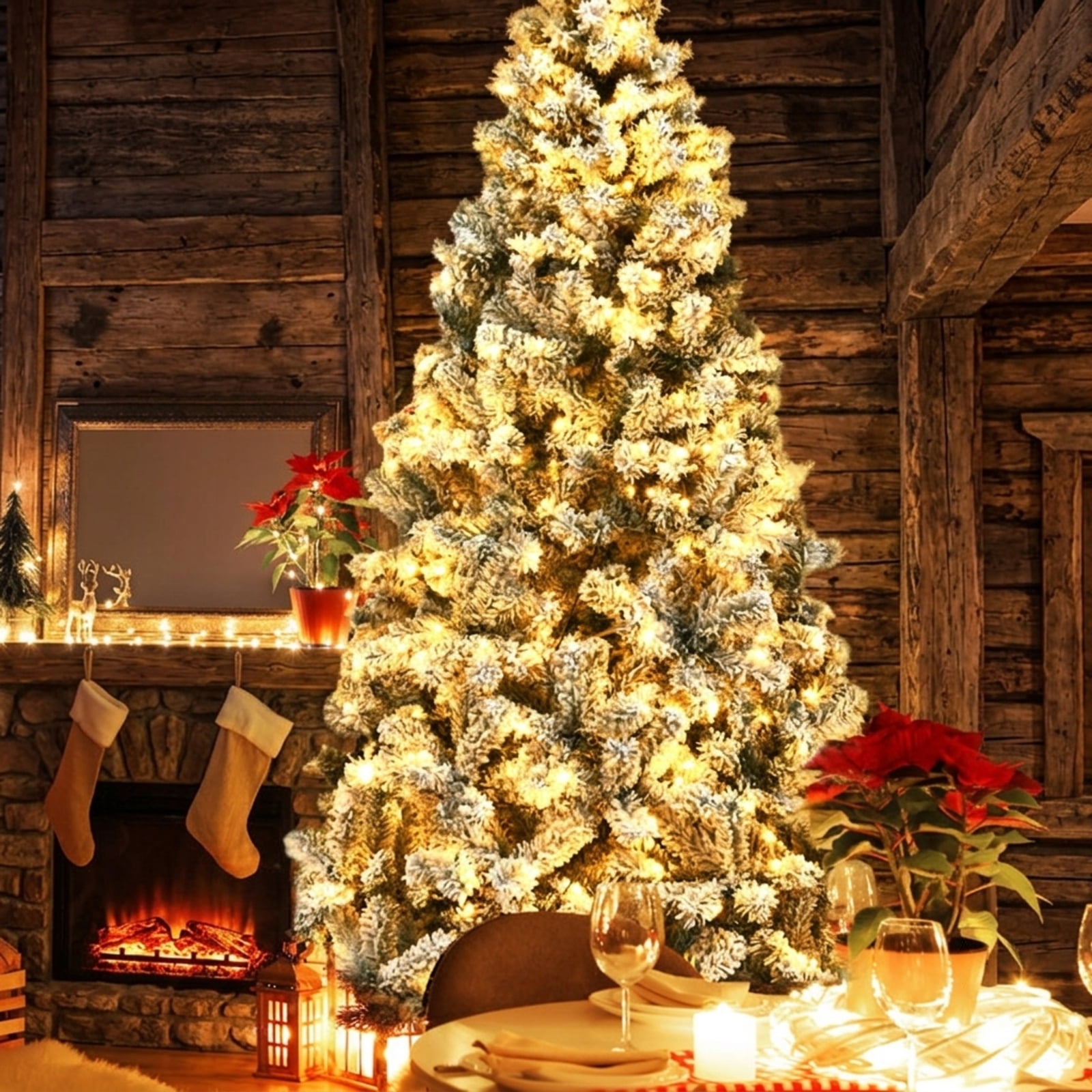 RUIE, 7.5 ft, Pre-Lit Artificial Christmas Tree, Tall Flocked Christmas Tree, 1010 Branch Tips, Snow Flocked, Hinged Branches for Christmas Party