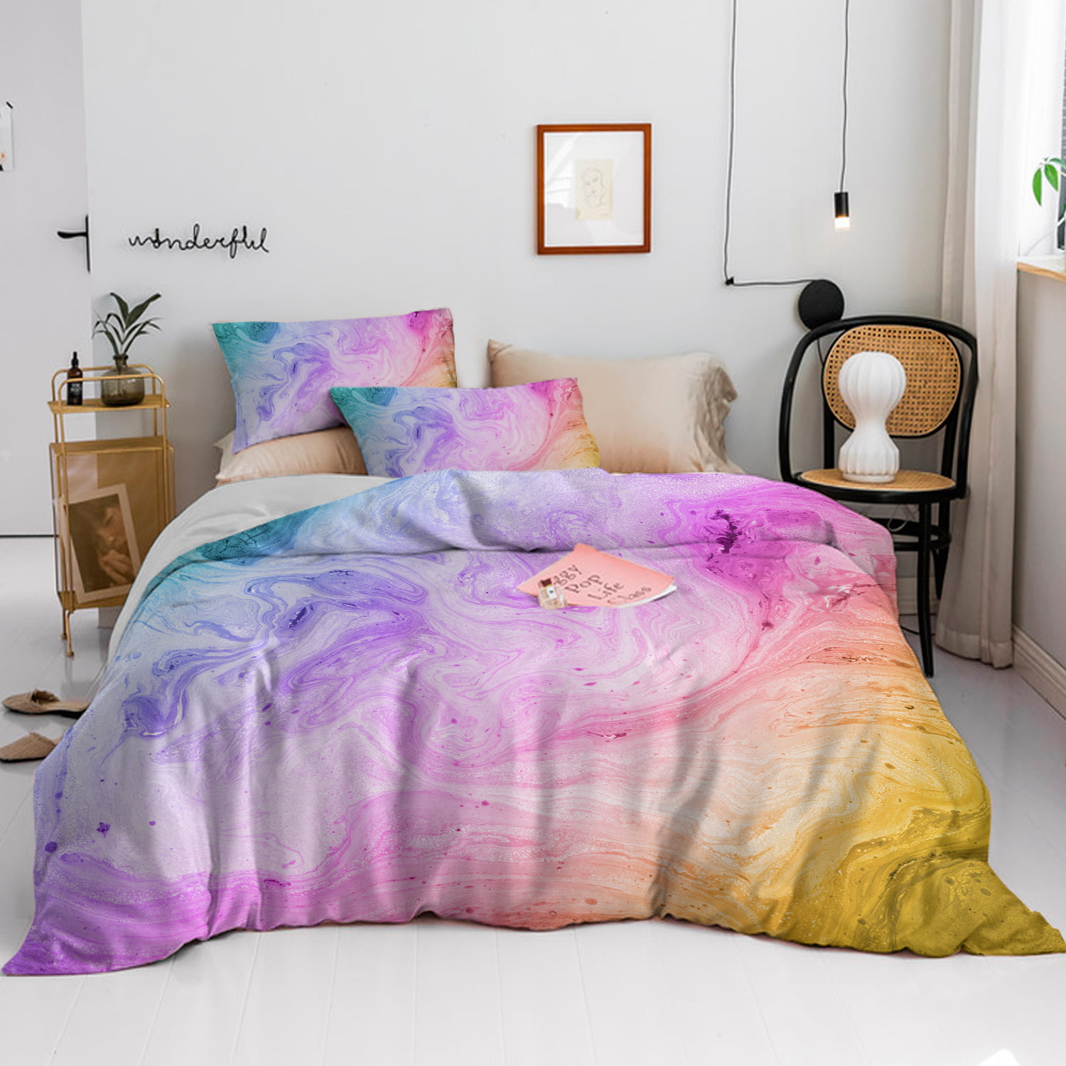 Queen BlessLiving Colorful Marble Bedding Pastel Pink Blue Purple Duvet Cover Set Marble Abstract Art Bed Set 3 Piece Bright Girly Bedspreads