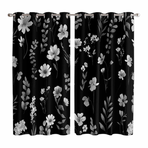 Curtains 63 Inch Length 2 Panels, Black Spring Floral Grommets Window Treatment Curtain, Flowers Botanical Elegant Pastoral Thermal Curtains Drapes for Living Room/Bathroom