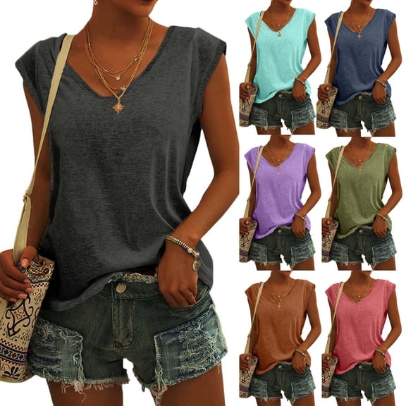 Ashirexll Tops Women Trendy Solid Color Cap Sleeve Blouses T-Shirt Casual Loose Basic Tank Top Summer