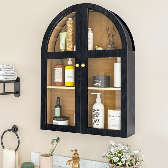 LEFHDA Arched Wall Cabinet with Glass Door, Black Open Storage Cabinet, Hanging Bathroom Shelf, Modern Wall Bathroom Cabinet with Adjustable Shelf Gold Metal Handles