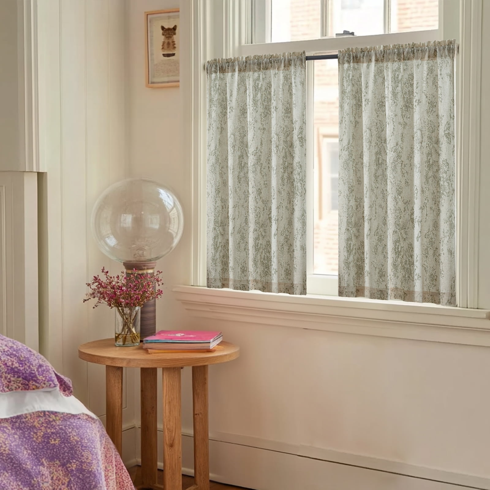 Curtainking Floral Kitchen Curtains Linen Cafe Curtains Sage Flower 26x36 inch Length Curtains for Living Room 2 Panels