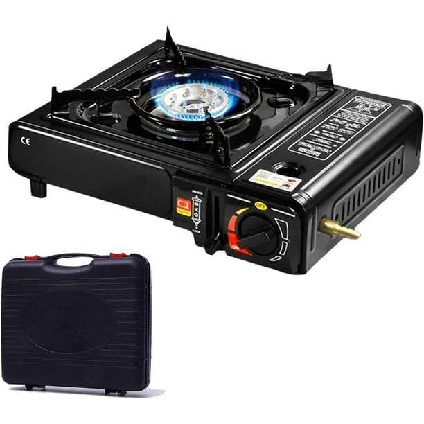 Estufa de gas portátil para acampar con estuche de transporte, estufa de gas compacta para exteriores de 2900 W, uso dual, cartuchos de gas portátiles internos o botella de gas externa
