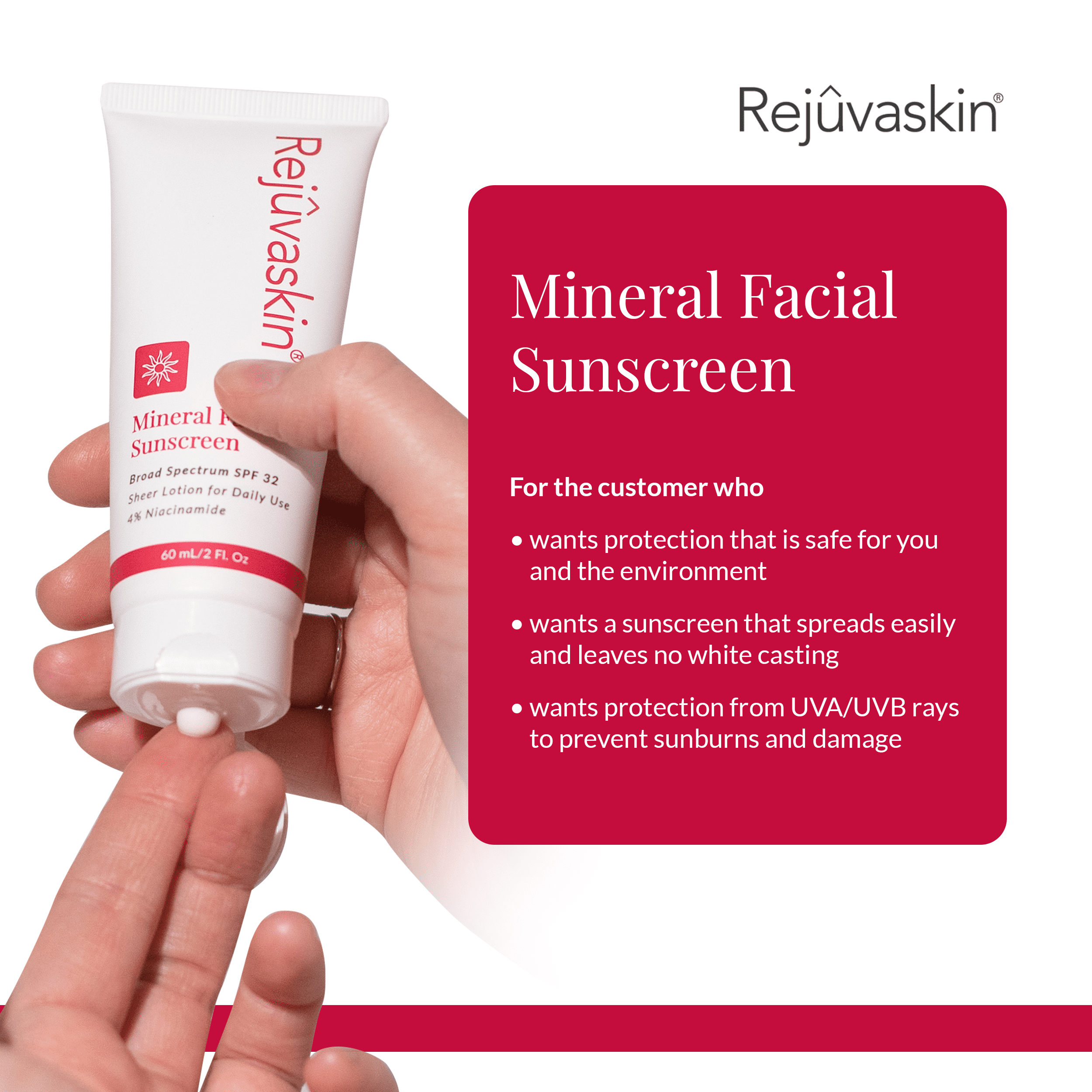 Rejuvaskin Mineral Facial Sunscreen - Face Cream Broad Spectrum Sunscreen for Sensitive Skin and Acne-prone Skin, Oil-free Mineral - Daily Face Lotion for the Face,  Face Moisturizer  with SPF 32