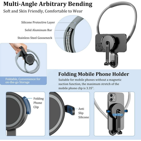 Magnetic Neck Mount for Phones, Neck Cell Phone Holder for POV/Vlog Video Recording Filming, Hands Free Phone Chest Mount for iPhone 16 15 14 13 12 Series Android Phones, Grey