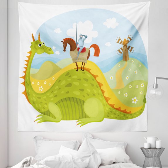 Cartoon Tapestry, Knight Don Quixote Horse on Dragon Valley Medieval Image, Fabric Wall Hanging Decor for Bedroom Living Room Dorm, 5 Sizes, Apple Green Sky Blue, by Ambesonne