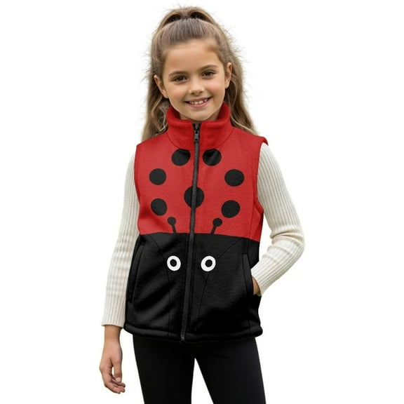 Pzuqiu Ladybug Kids Outerwear Vest Casual Clothes for Girls 2T Warm Fashion Winter Lightweight Sleeveless Fleece Jacket with Pocket Full Zip Versatile for Kids and Toddlers