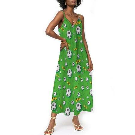 

Soccer Women s Dresses V-Neck Football Shoes Balls on Grass Sleeveless Spaghetti Strap Beach Long Maxi Dress Green Yellow Black XL