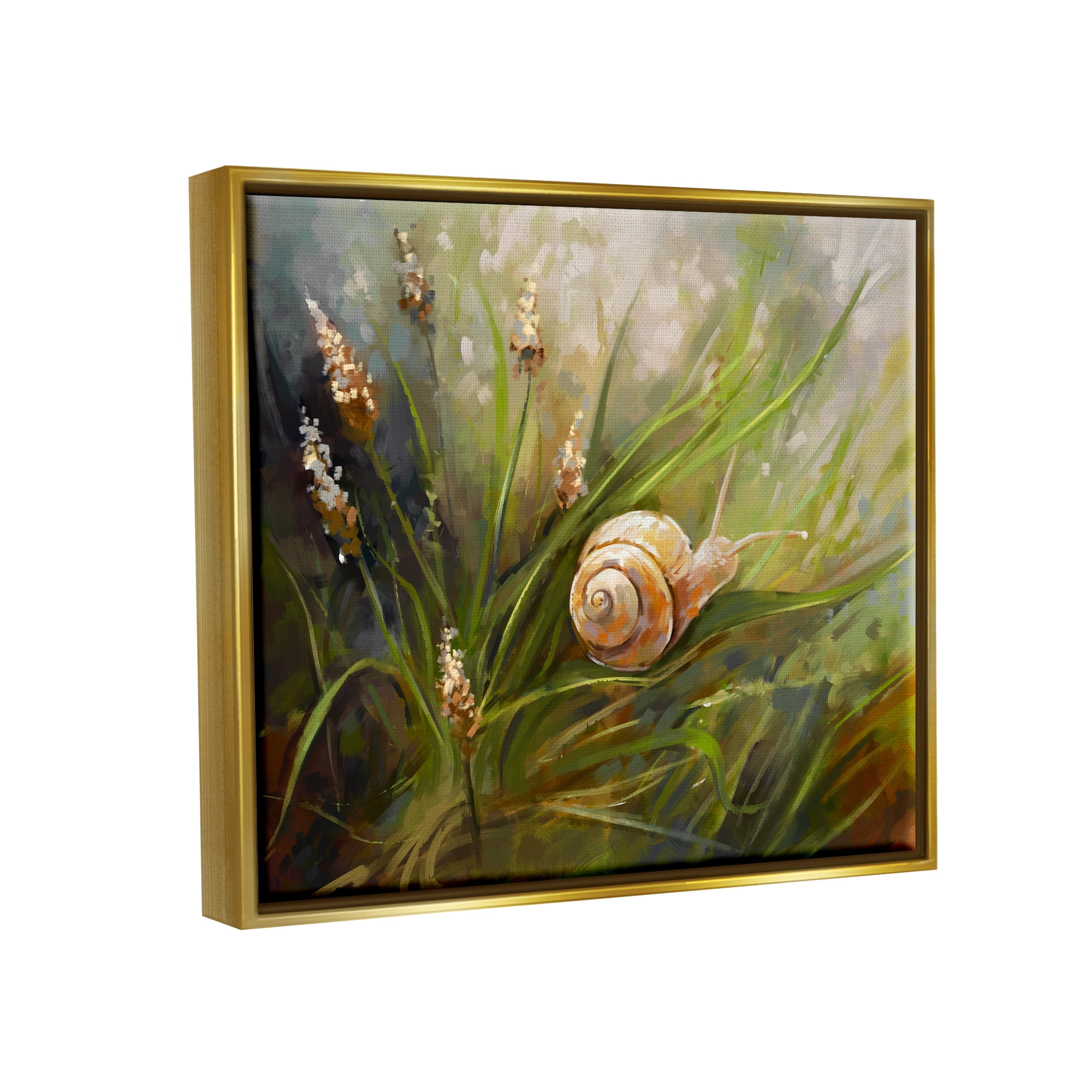 Stupell Industries Snail on Greenery Painting Animals & Insects Painting Gold Floater Framed Canvas Art Print Wall Art, 31 x 25