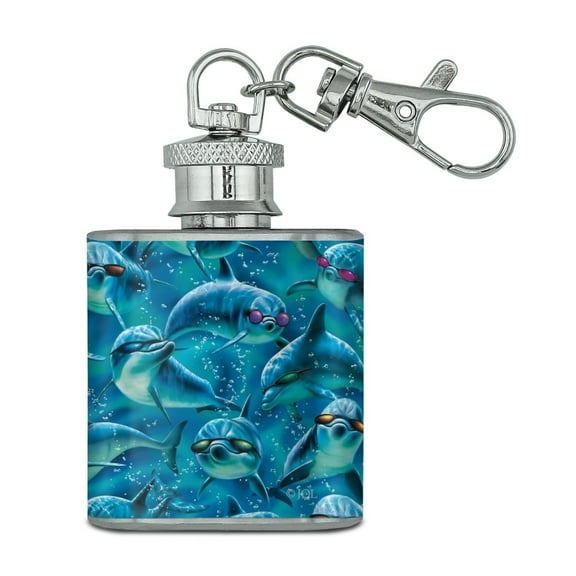Dolphin Sunglasses Underwater Ocean Diving Pattern Stainless Steel 1oz Mini Flask Key Chain