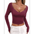 thumbnail image 2 of Camisetas de Larga con Cuello en V para Mujer, Top Corto con Doble Forro y Copas con Costura para Salir. Rojo Oscuro S, 2 of 9