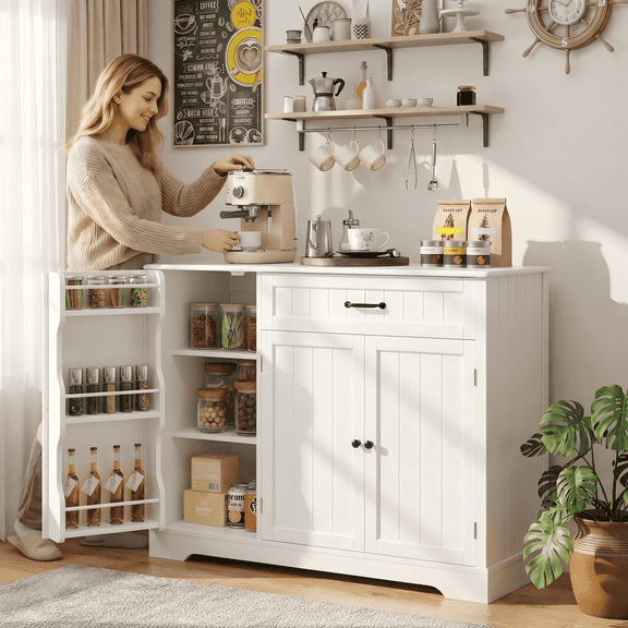 Coffee Bar Cabinet, Lofka 42" Farmhouse Kitchen Storage Sideboard Buffet Cabinet with 8 Shelves & 1 Drawer, Multifunctional Console Table for Dining Room Living Room Entryway Home Coffee Station, Whi