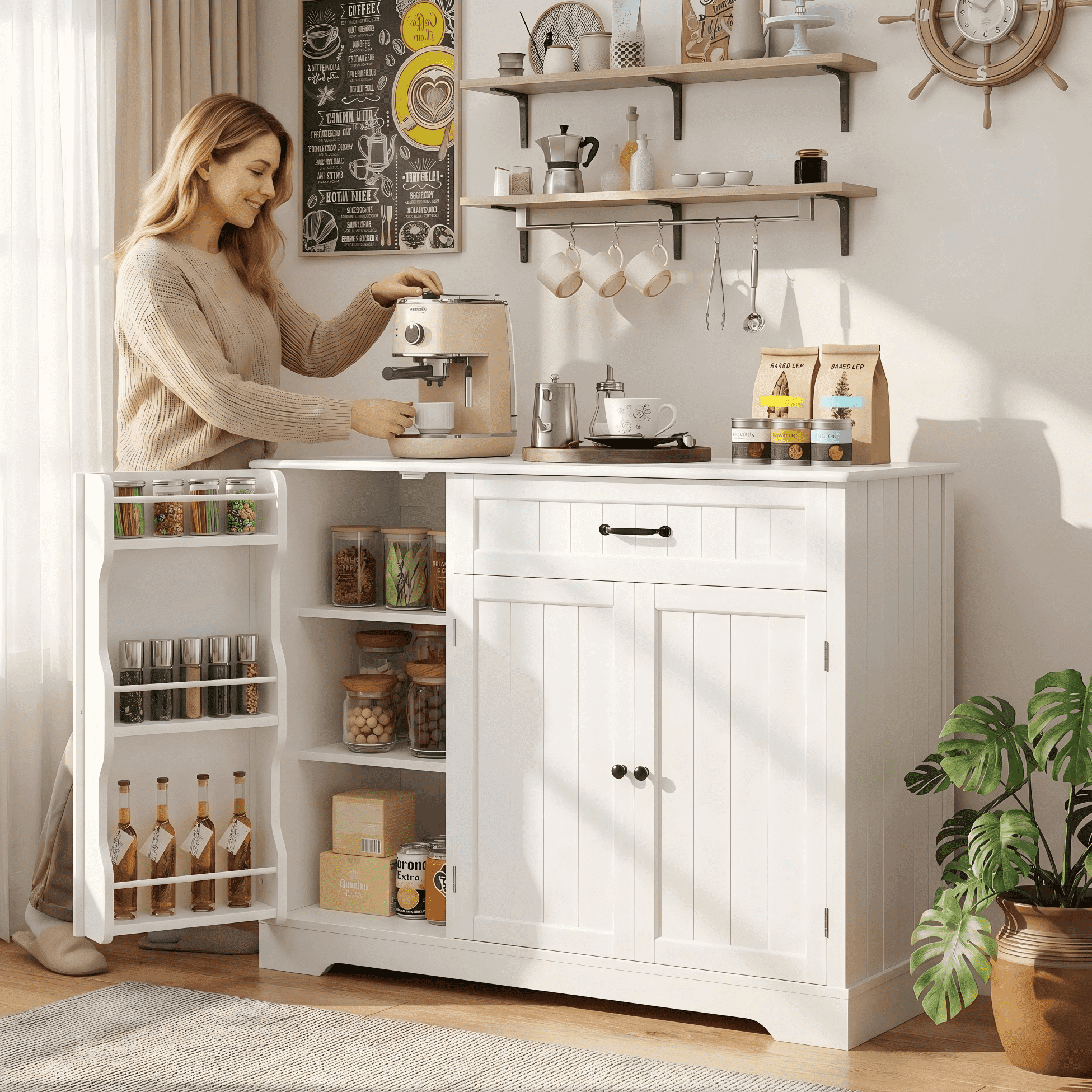 Coffee Bar Cabinet, Lofka 42" Farmhouse Kitchen Storage Sideboard Buffet Cabinet with 8 Shelves & 1 Drawer, Multifunctional Console Table for Dining Room Living Room Entryway Home Coffee Station, Whi
