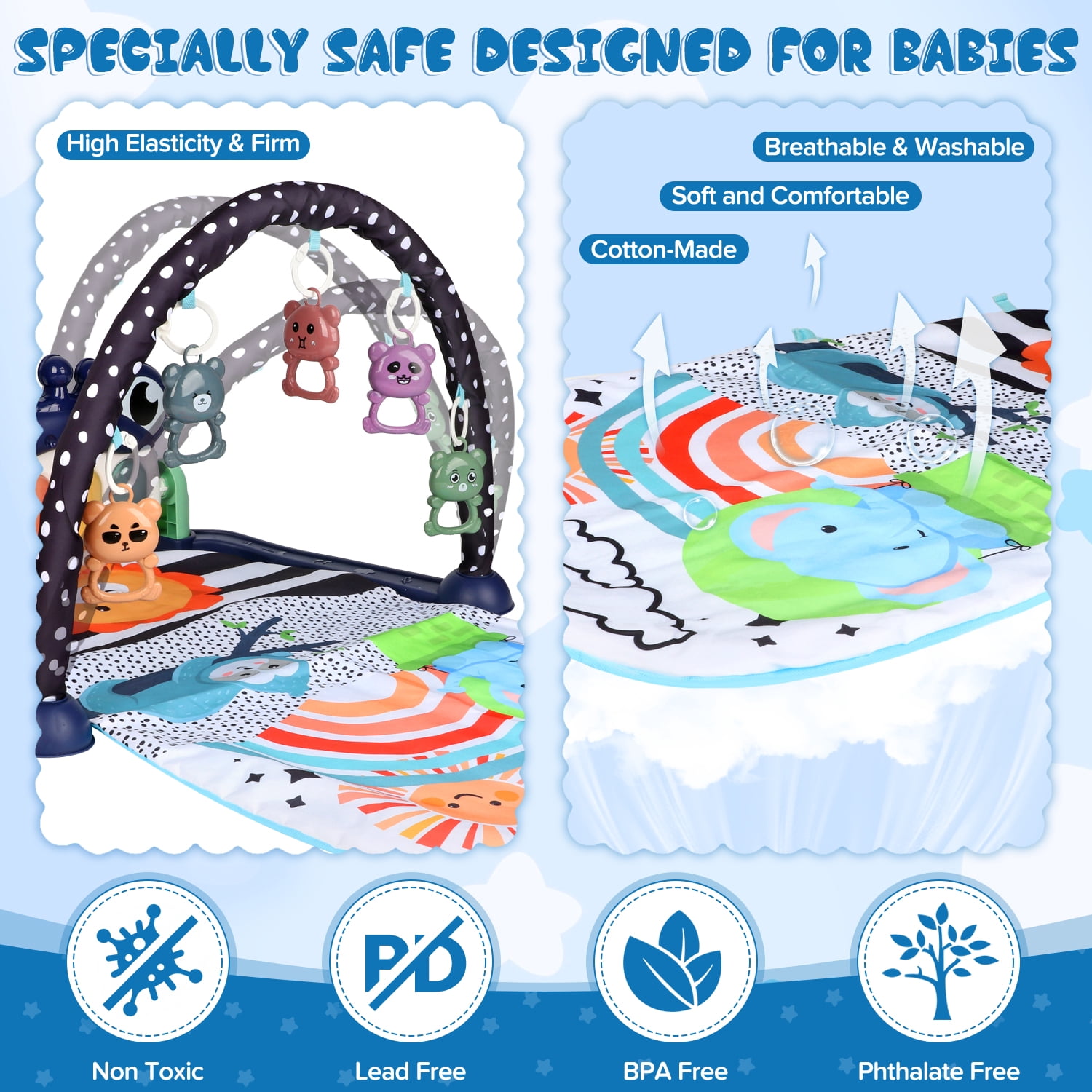 UUSUOO Baby Gym Play Mat,Kick and Play Piano Gym Tummy Time Activity Mat with 5 Infant Sensory Toys,Music and Lights, Boys & Girls Gift for Newborns 0-3-6-9-12 Months