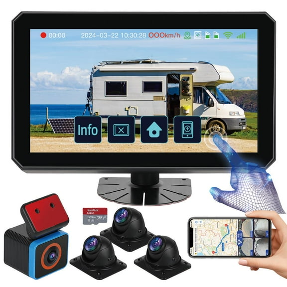 6CH AI WiFi GPS Sentry Mode RV Backup Camera System 10.1" Touch Screen Monitor with 4 1080P Rear Side View Camera,Mobile DVR Recording Live View on APP/Web/PC for Truck Trailer Tractor Fleet