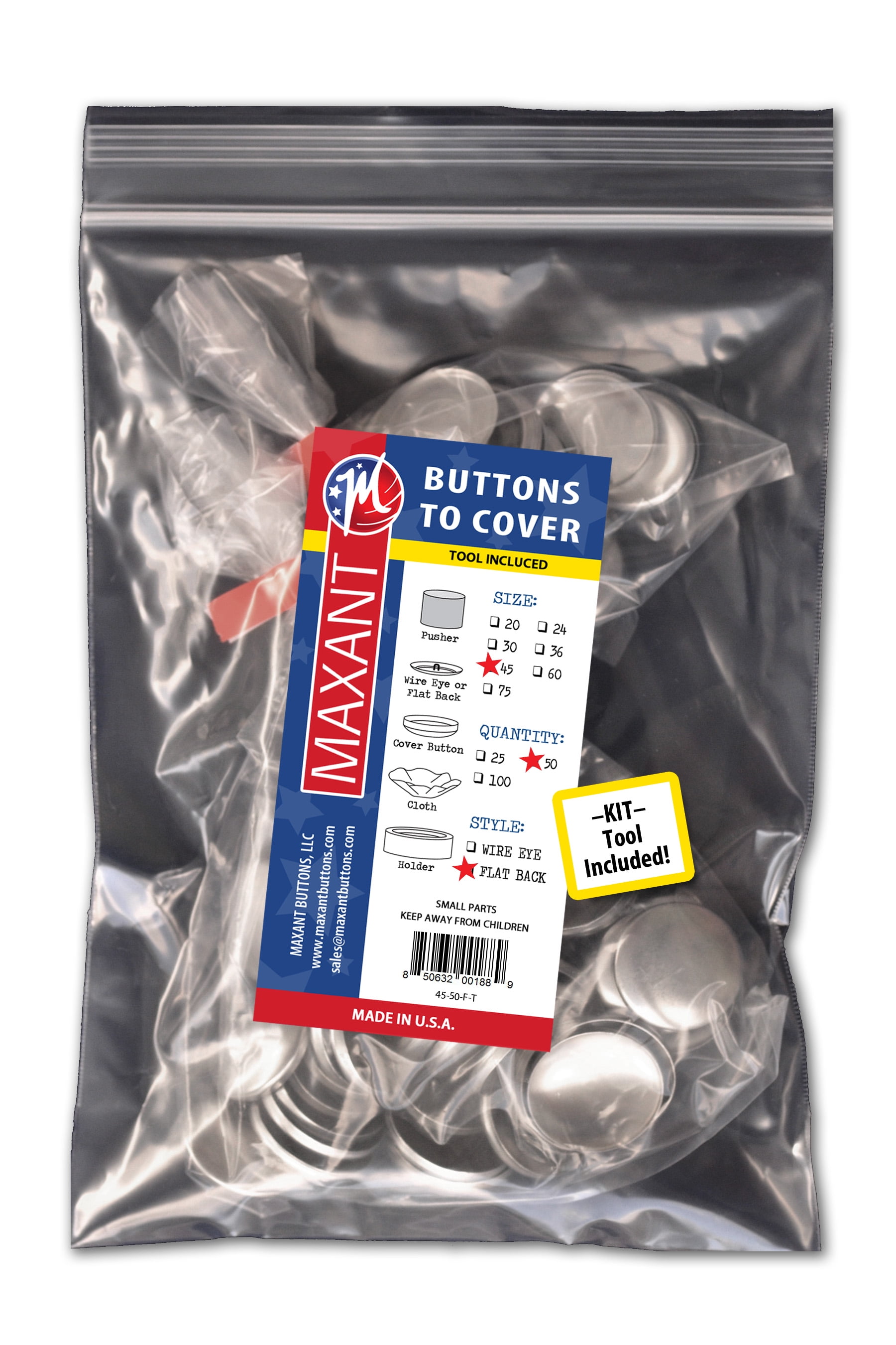 Maxant Buttons to Cover Self Cover Buttons w/ Flat Back & Tool (50