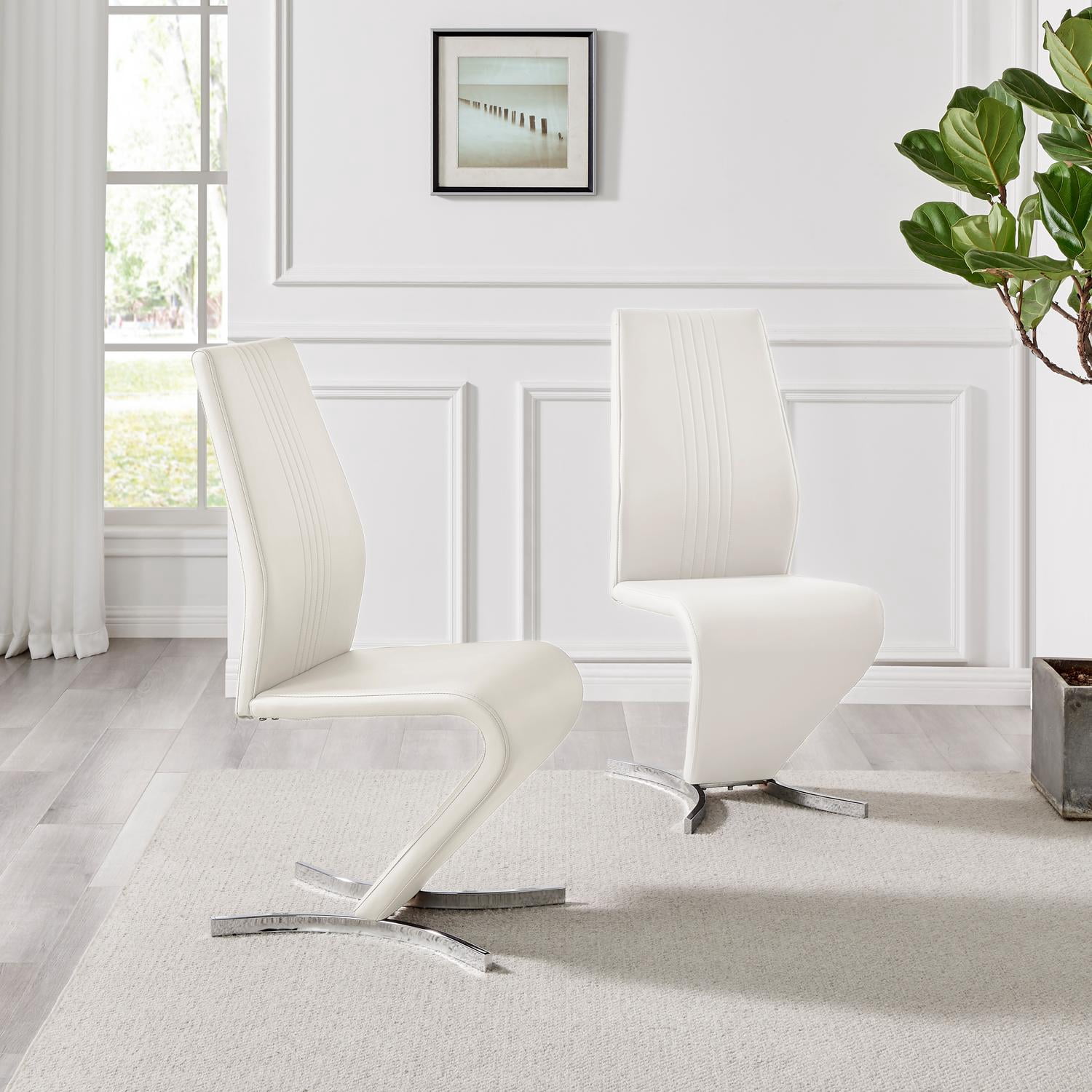Furniturebox UK Willow Modern Adult Faux Leather Dining Side Chairs, Off-White (Set of 2)