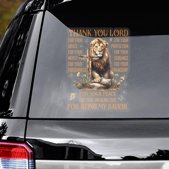 Lotusprinthandmade Jesus Lion of Judah Under Cross Thank You for Being My Savior Transparent Vinyl Decal 4 Sizes