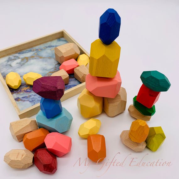 Wooden Stacking Balancing Rainbow Stones - Montessori Waldorf Balancing Toy Rock Blocks - Toddler Preschool Sensorial STEM Toy Easter Birthday Christmas Gift