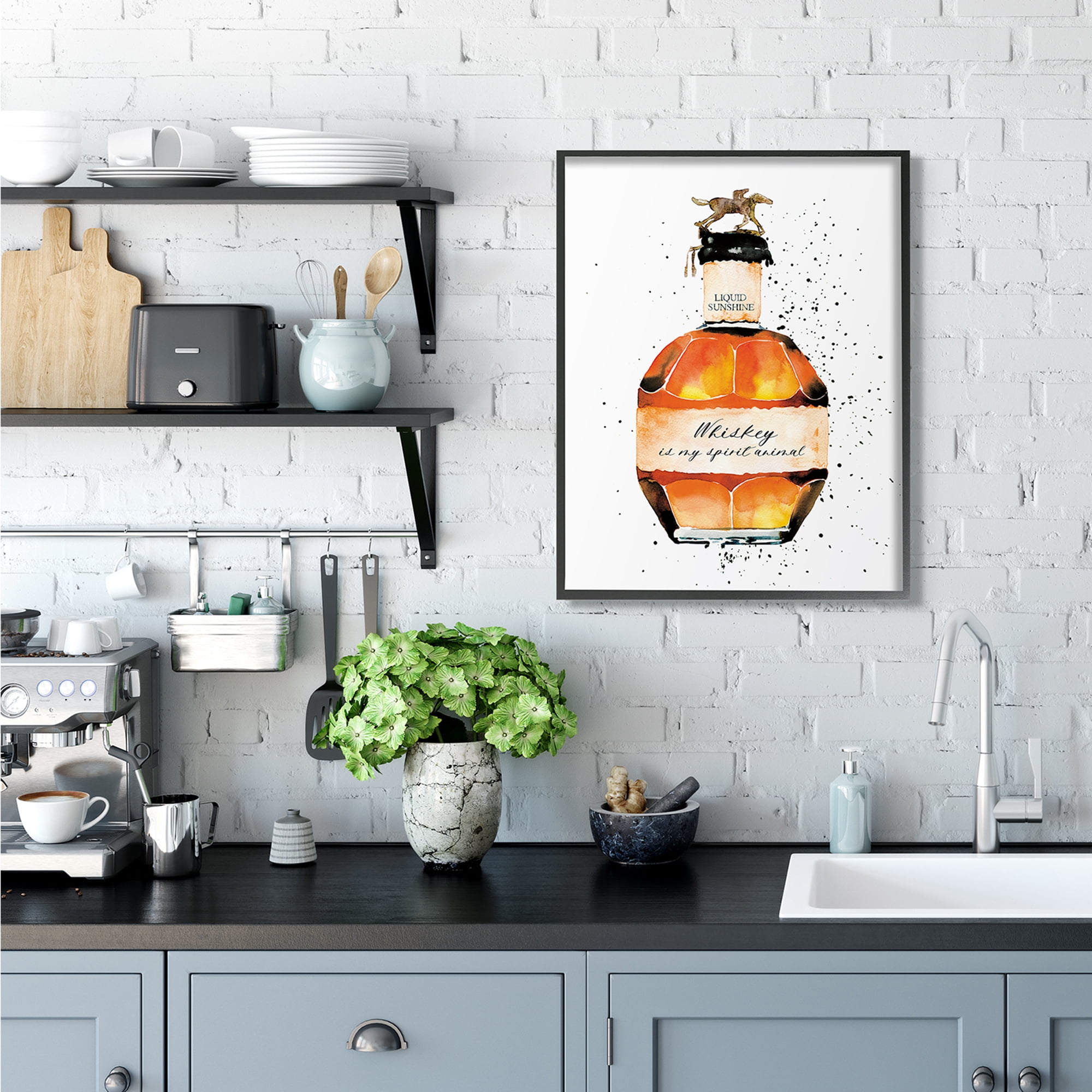Stupell Industries Whiskey is My Spirit Animal Quote Liquor Bottle Black Framed, 24 x 30, Design by Mercedes Lopez Charro