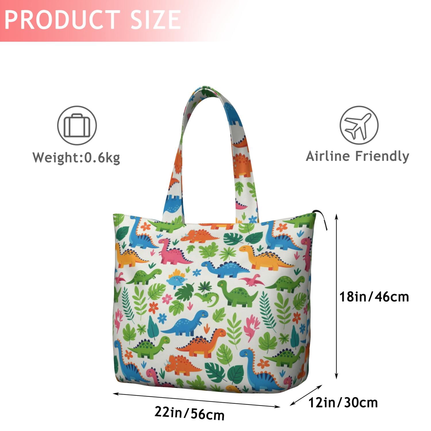 White Cartoon Dinosaurs Jungle Pattern Travel Tote Bags for Women Carry On,Large Weekender Bags for Women Travel,Multi Functional Duffle Bag for Work,Shopping,Sports