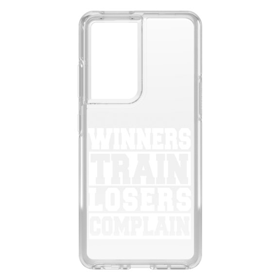 DistinctInk Clear Shockproof Hybrid Case for Galaxy S21 ULTRA 5G (6.8" Screen) - TPU Bumper Acrylic Back Tempered Glass Screen Protector - Winners Train Losers Complain