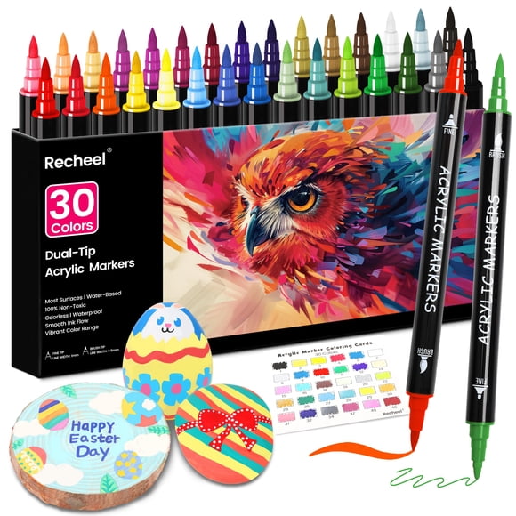 Marcadores de pintura acrílica Recheel, set de 30 colores, doble punta