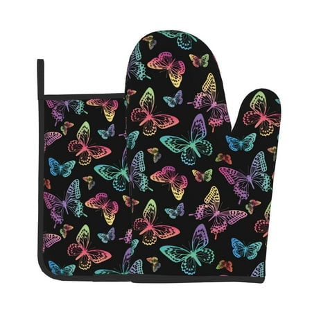 

Lukts Rainbow Butterflies Print Kitchen Heat-Resistant Gloves and Spacers 2pcs Set Suitable for Baking and Cooking