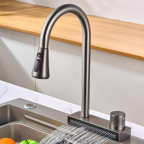 Kitchen faucets with Pull Down Sprayer with Waterfall Shower Stainless Steel Single Hole Hot and Cold Water Swivel Pull Down Kitchen Faucet-Grey