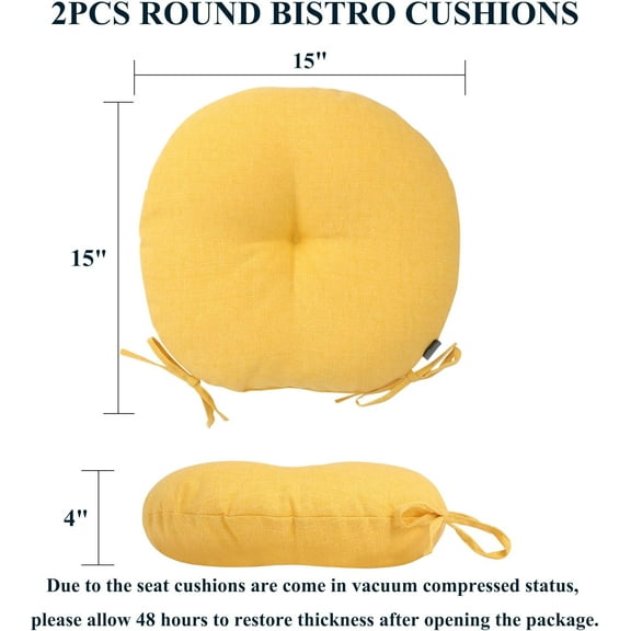 FGERFE-15"x15"x4" Bistro Chair Cushion Set of 2, Water Repellent Round Outdoor Chair Cushions with Ties, Patio Tufted Chair Pads for Home Garden (Gold)