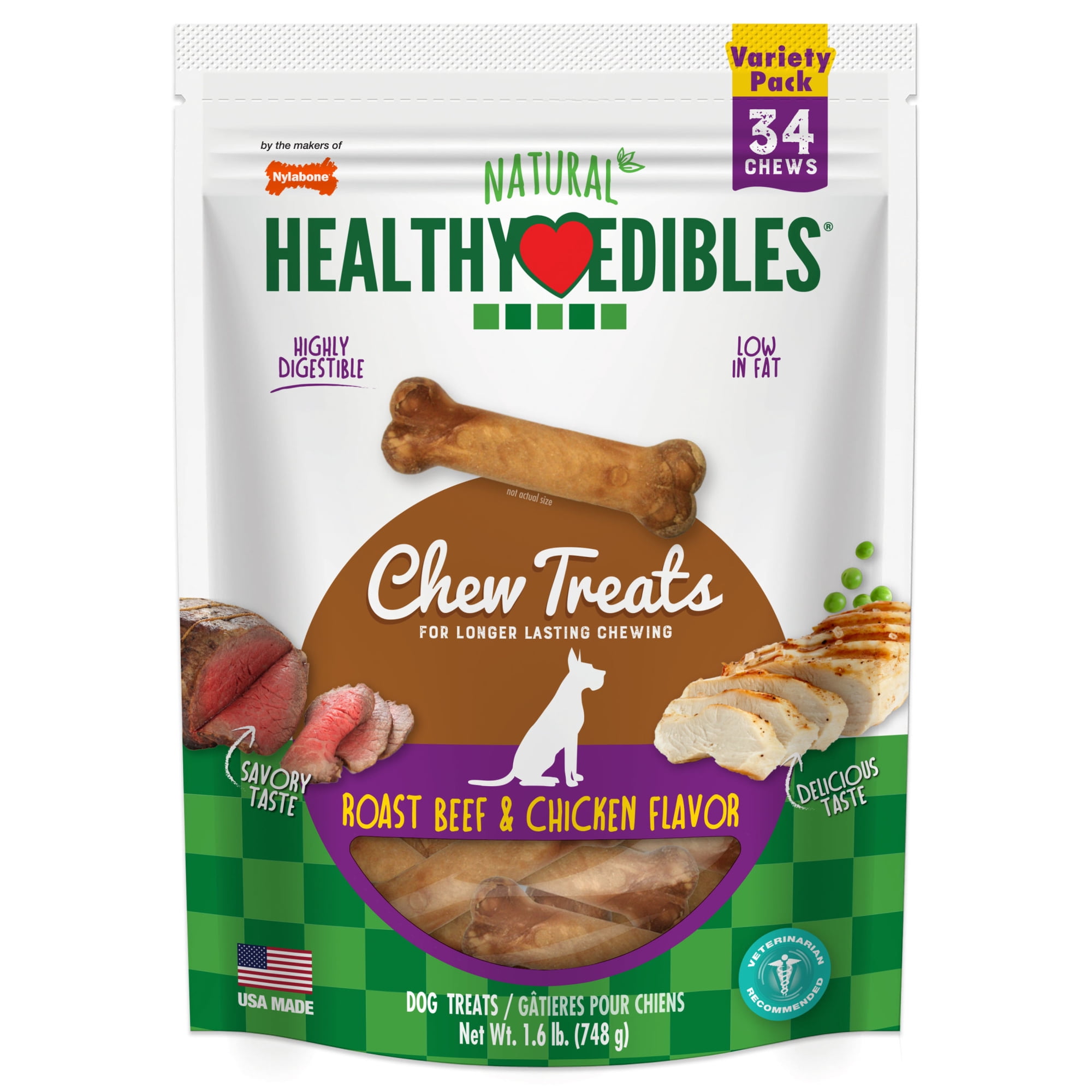 Nylabone Healthy Edibles Natural Dog Treats, Long Lasting Dog Bones, Roast Beef & Chicken Flavor Dog Treats, For X-Small Dogs (34 Count)