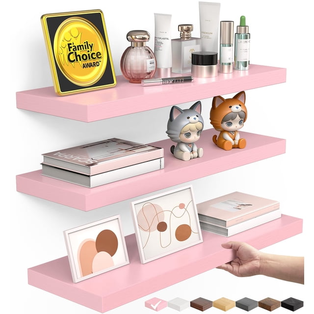 Repisas de pared BAYKA de madera rosa, juego de 3 para baño, 10 kg