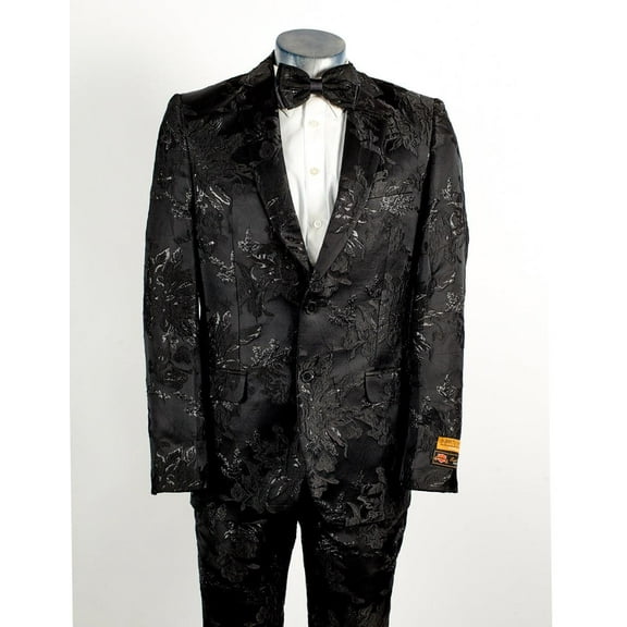 Mens 2 Button Black Shiny Floral Paisley Prom and Wedding Tuxedo