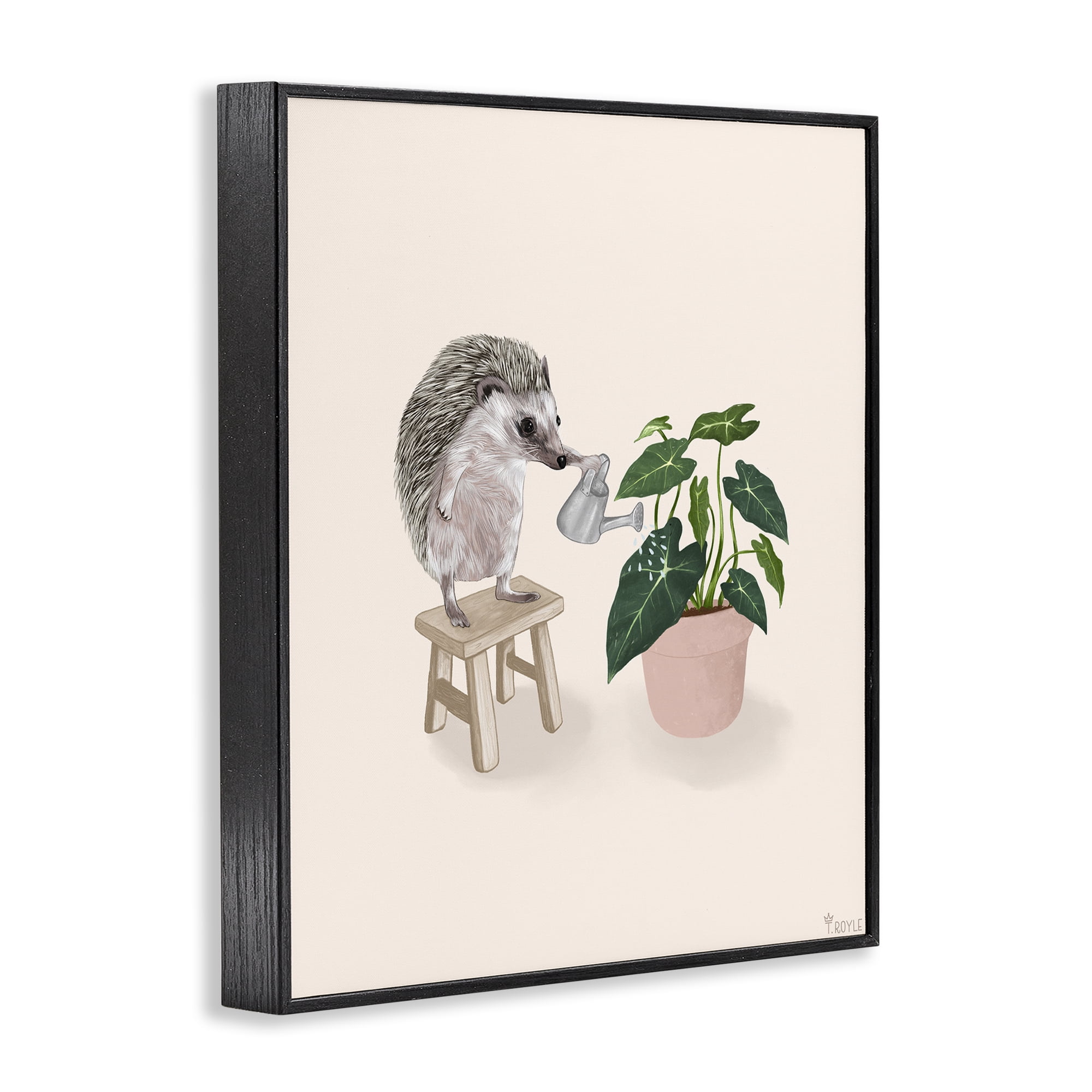 Stupell Industries Hedgehog Watering Plant Animals & Insects Painting Black Framed Art Print Wall Art, 11 x 14