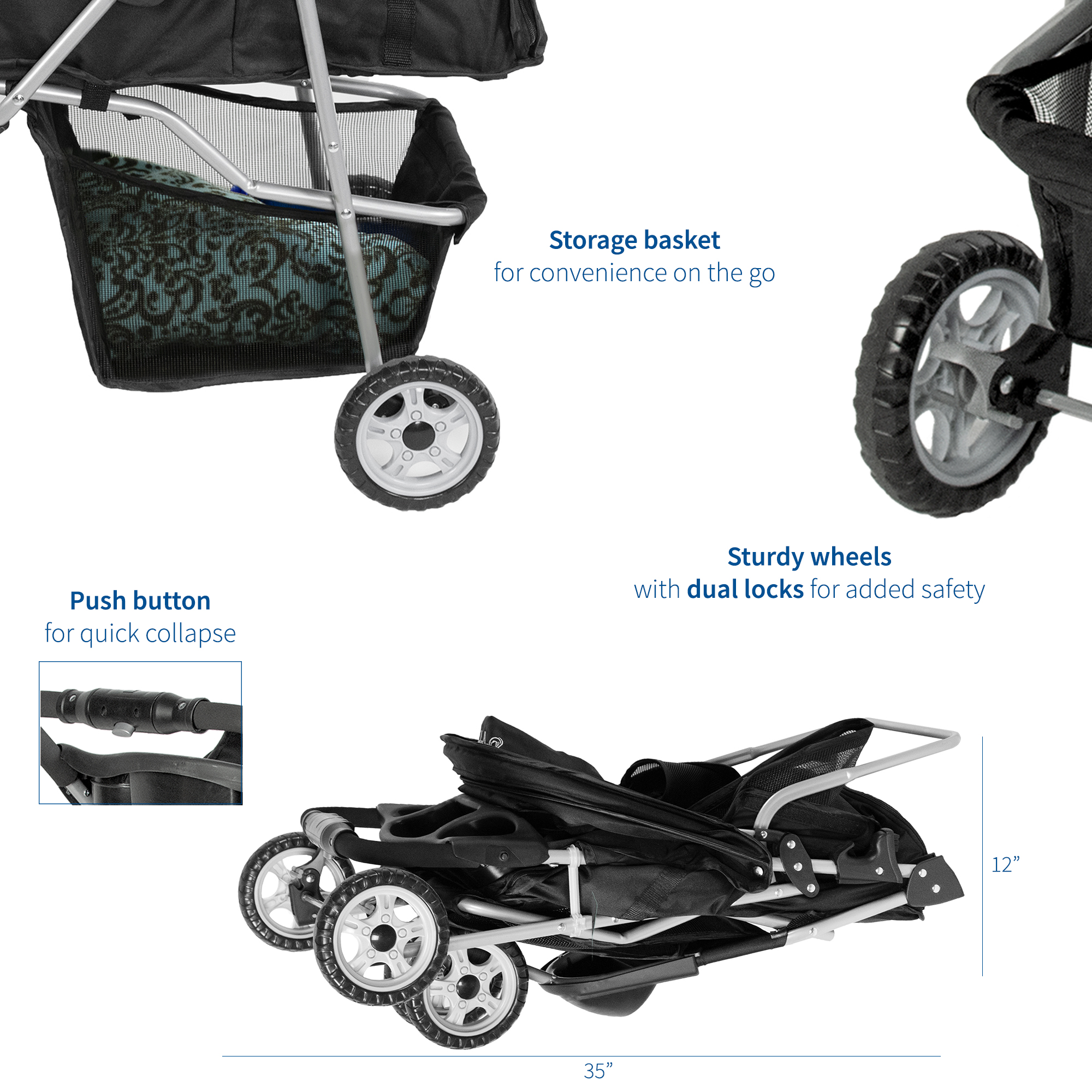 VIVO Black 3 Wheel Pet Stroller / Cat & Dog Foldable Carrier Strolling Cart - image 3 of 6