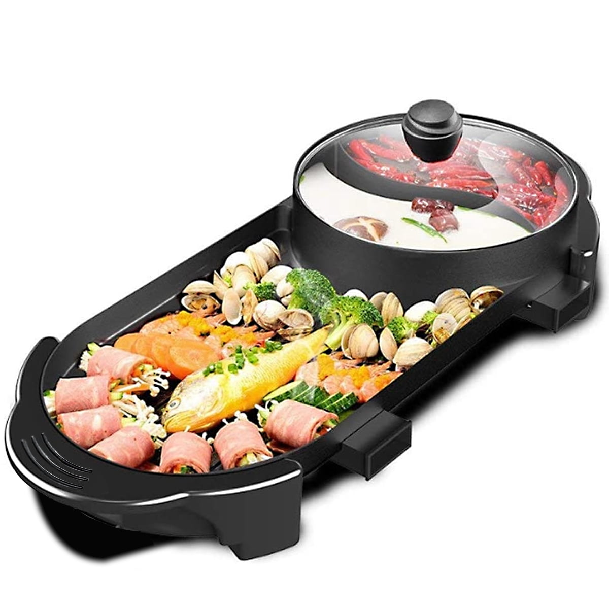 2200W 2 in 1 Electric Smokeless Grill and Hot Pot BBQ Grill Shabu Pot 110V US 