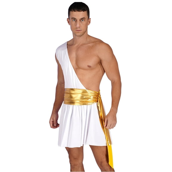 Sxiwei Men Egyptian Tunic Tago Costume One Shoulder Cosplay Skirt Kilt Knight Warrior Suit Greek White XL