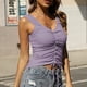 thumbnail image 3 of Camiseta sin mangas con cuello en V para mujer Camisas sin mangas de verano ajustadas de color puro con cordón fruncido, 3 of 6