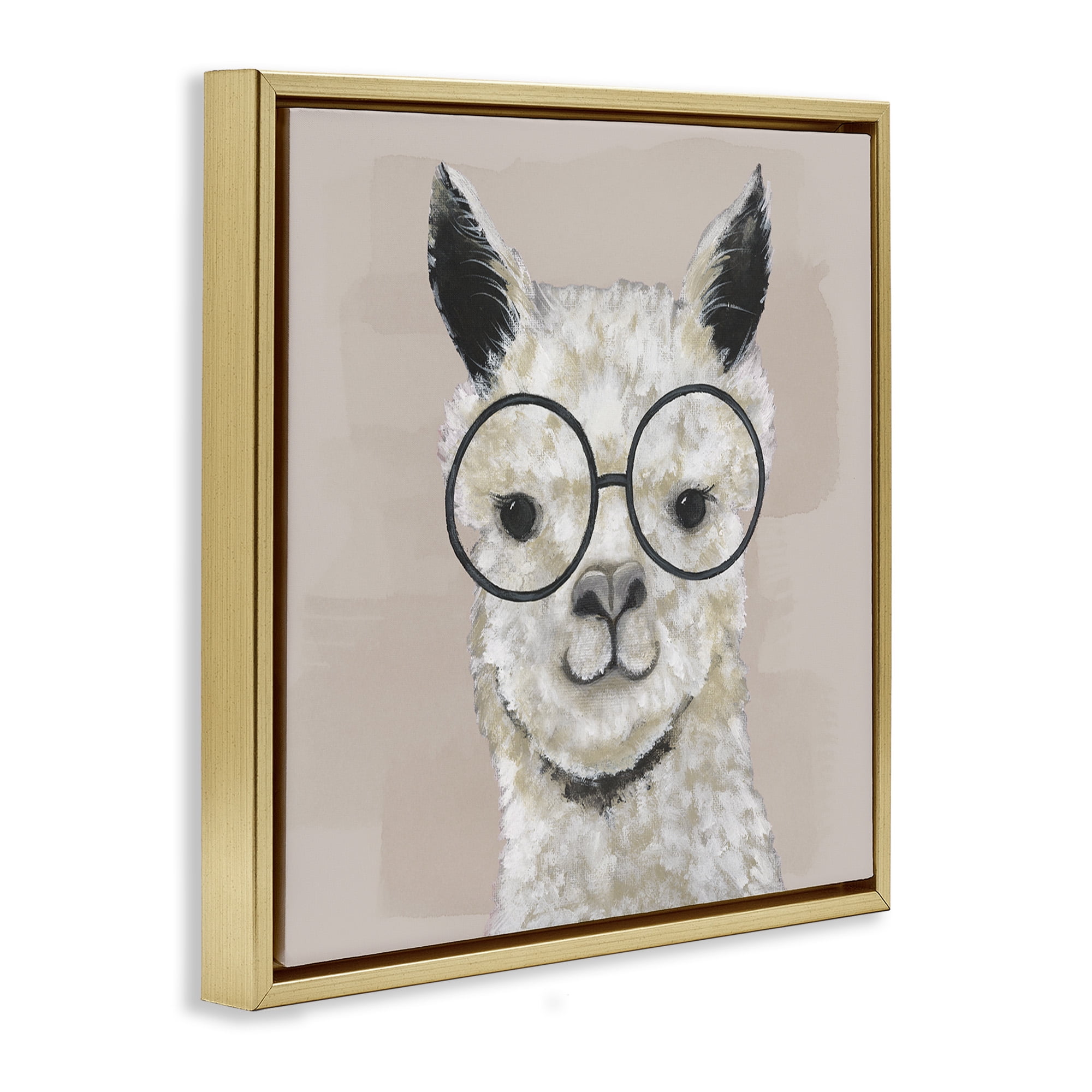 Stupell Industries Happy Alpaca Glasses Portrait Animals & Insects Painting Gold Floater Framed Canvas Art Print Wall Art, 25 x 25
