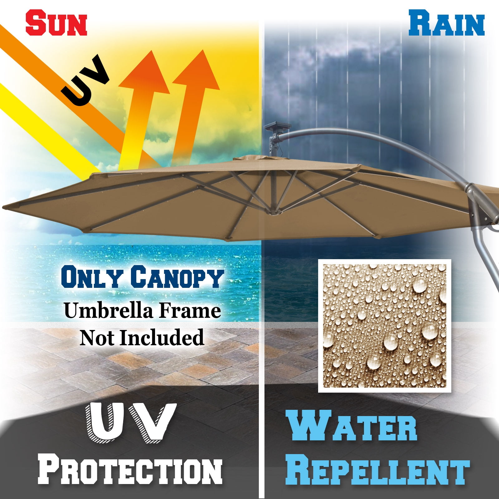 Sunrise 9ft 8 Ribs Outdoor, Patio Cantilever, Hanging Umbrella Cover Canopy, Replacement Cover Top, Tan (Cover Only, Umbrella Frame not Included)