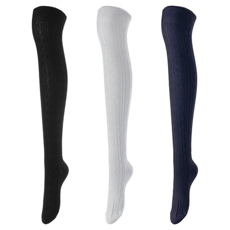 

Lovely Annie Women s 3 Pairs Incredible Durable Super Soft Unique Over Knee High Thigh High Cotton Socks Size 5-9 A1024 (Black Grey Navy)