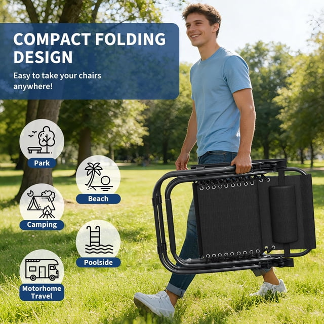 Set de 2 sillas reclinables Zero Gravedad para exterior – Plegables, con almohada y bandeja para bebidas – Para patio, jardín, playa o camping – Color Black Tes (una caja, dos piezas)