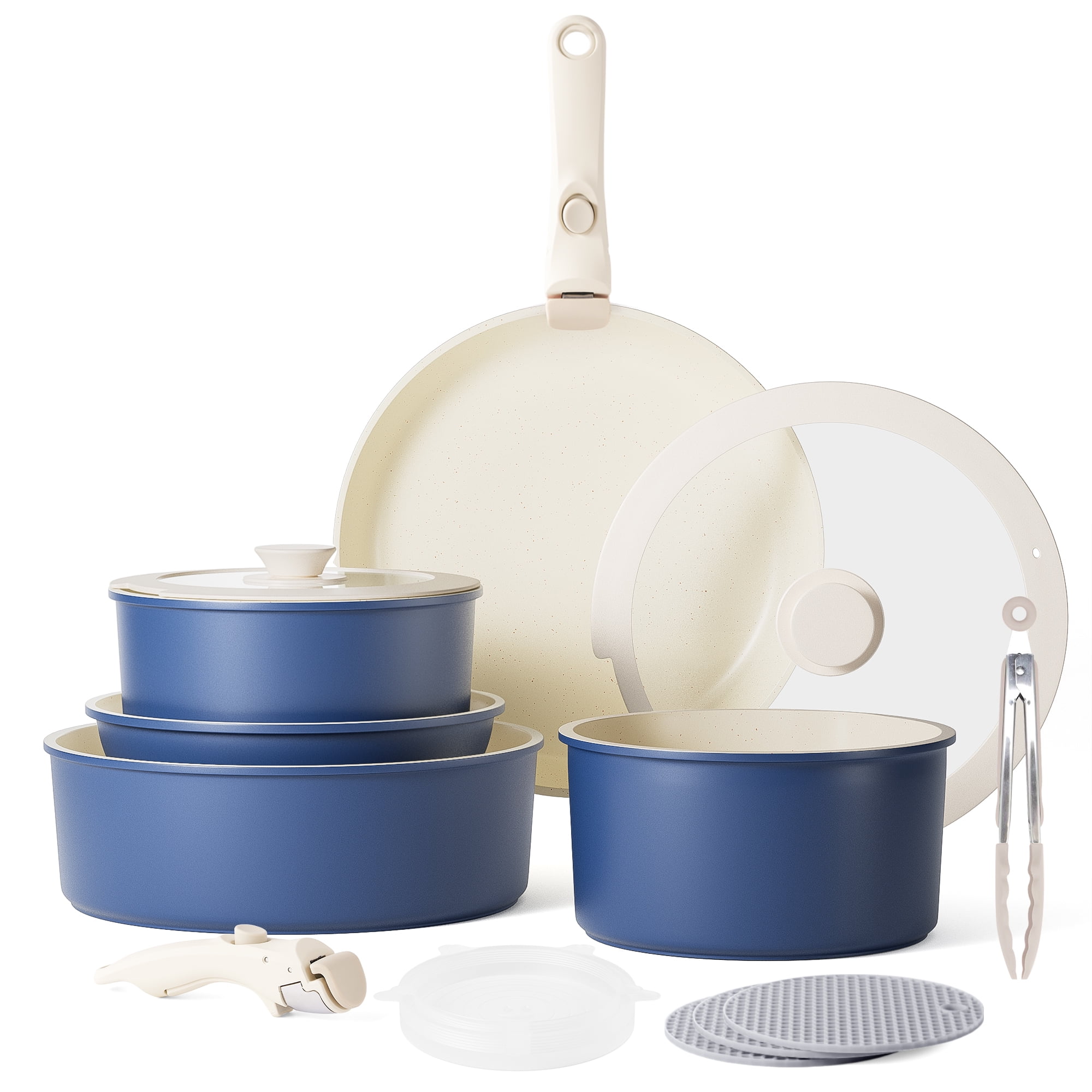 BEZIA Lot De 13 Poêles Et Casseroles Anti-adhésives Avec Poignées Amovibles – Induction, Empilables, Idéales Pour Camping-Car, Four Jusqu'à 230°C