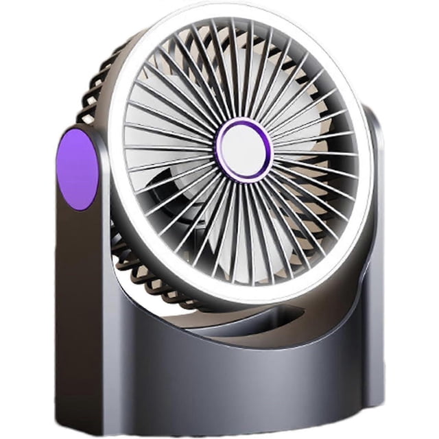 Rotating Desk Fan, Quiet and Adjustable, 16 x 13 x 9 cm, with Hanging Lighting, Compact Cooling Device, 180 Degree Rotation.