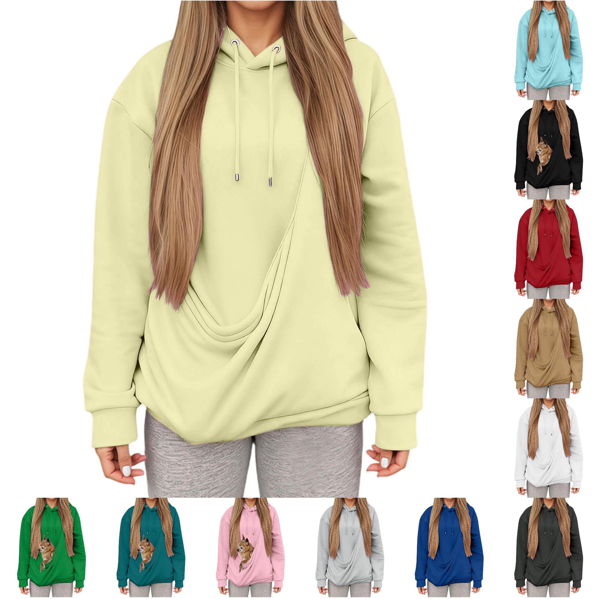 Pet Pouch Hoodie Autumn Winter Hoodie for Women with Front Pocket and Cozy Comfort by Cat Mom Everyday Wear Light Yellow L